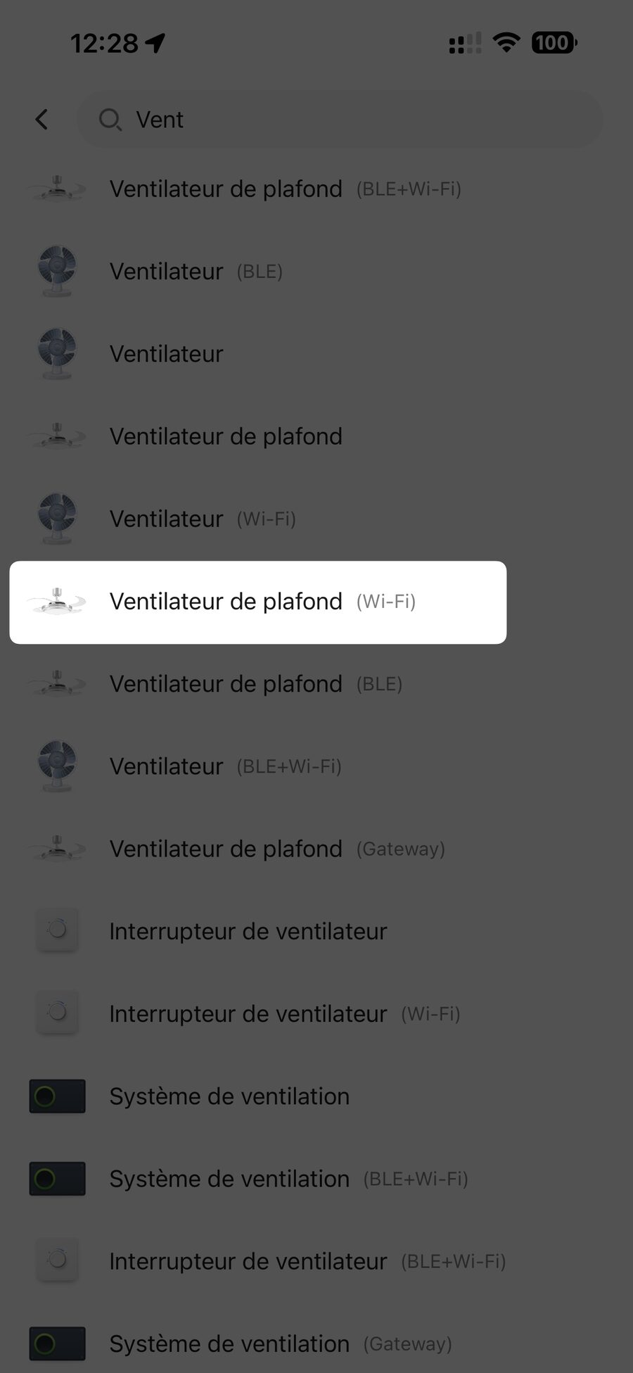 Choix du ventilateur de plafond Wi-Fi dans Smart Life