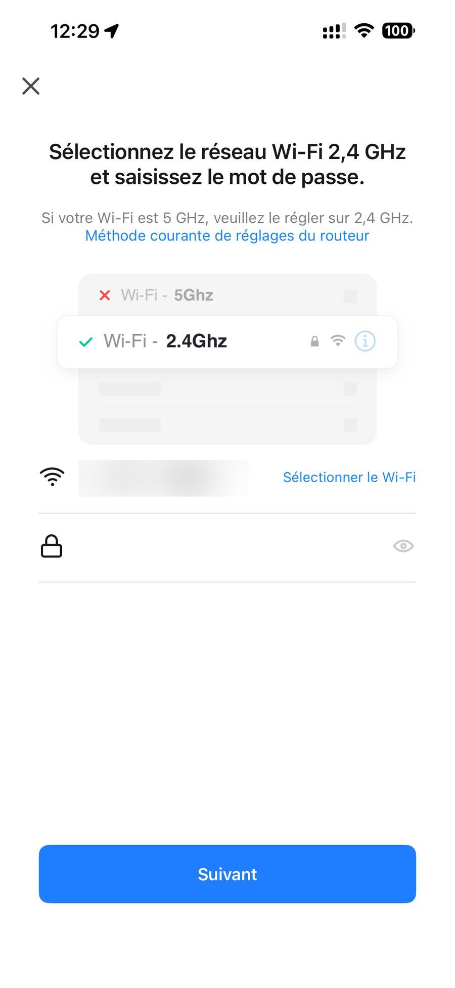 Écran Smart Life demandant un réseau Wi-Fi 2,4 GHz