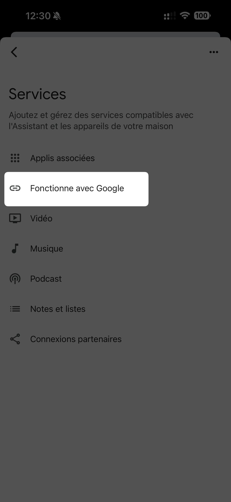 Rubrique Fonctionne avec Google dans les services Google Home