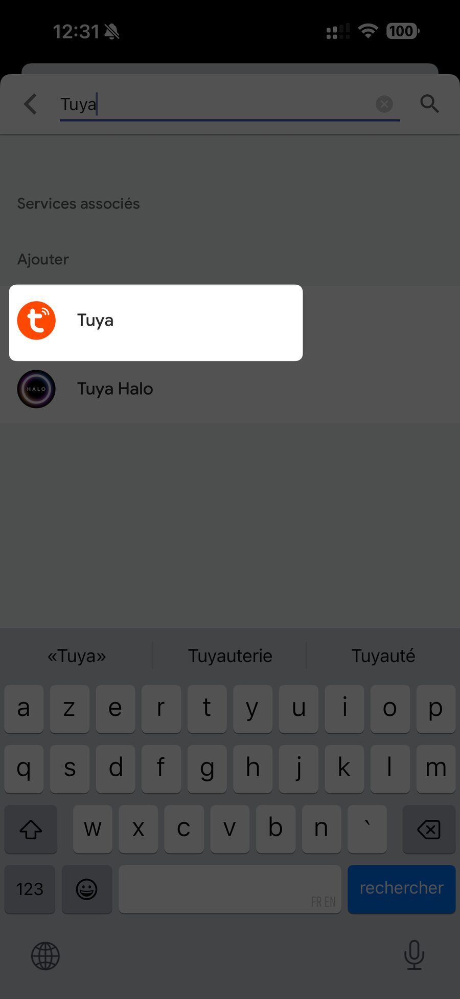 Recherche du service Tuya dans Google Home