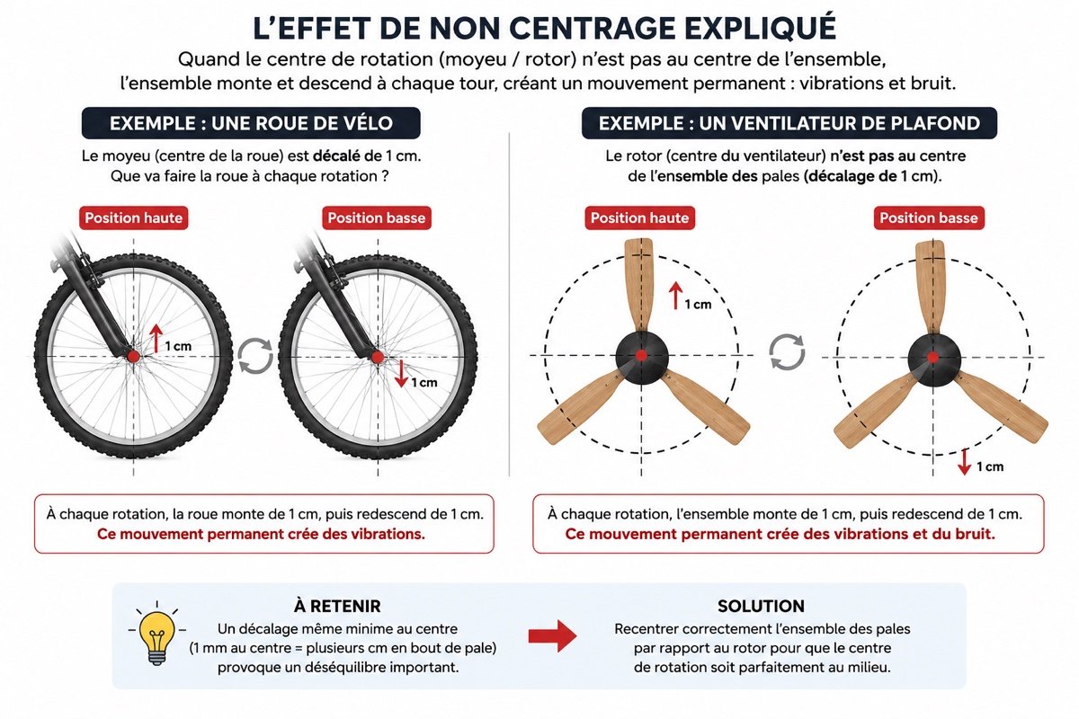 Schéma comparant l'effet de non-centrage entre une roue de vélo et un ventilateur de plafond