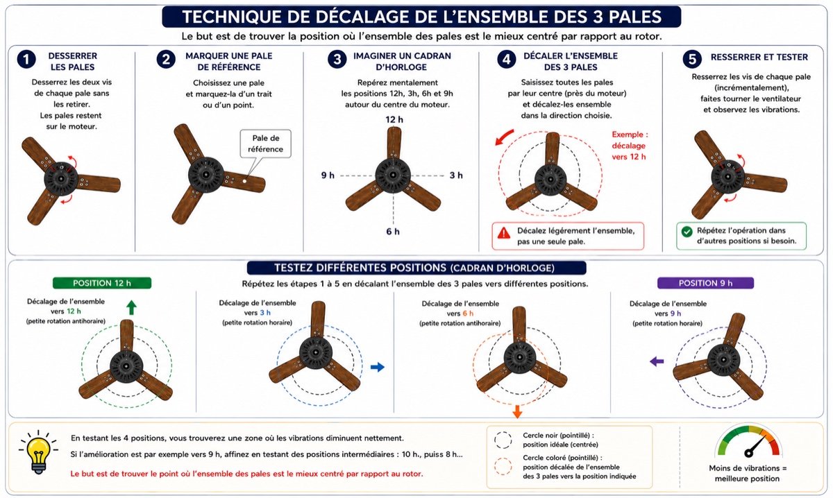 Schéma de la technique de décalage de l'ensemble des 3 pales d'un ventilateur de plafond avec la méthode du cadran d'horloge